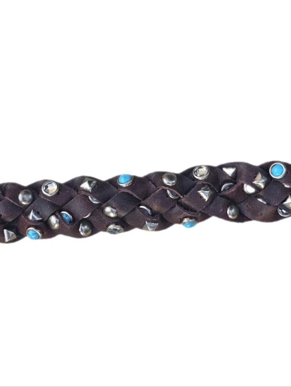 Western Festival Braided Brown Leather Belt  Studded Faux Turquoise Crystal LG